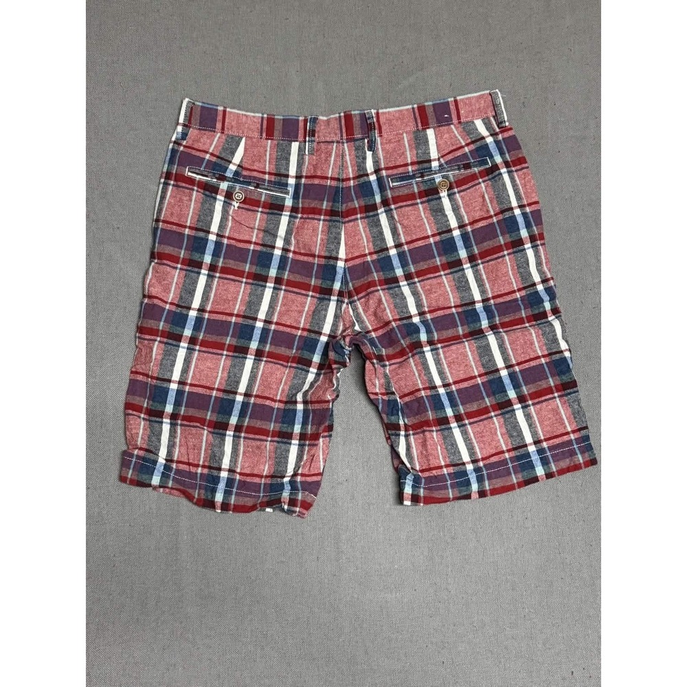 J.Crew Mens Rivington Chino Shorts 34 Red Blue Plaid Cotton Flat Front Classic